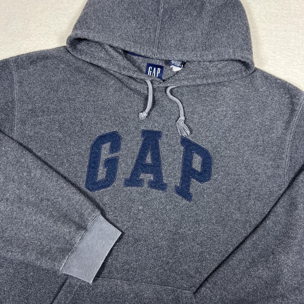 Vintage Gap Sweatshirt Mens L Gray Fleece Hoodie Spell Out Pullover 90s Y2K